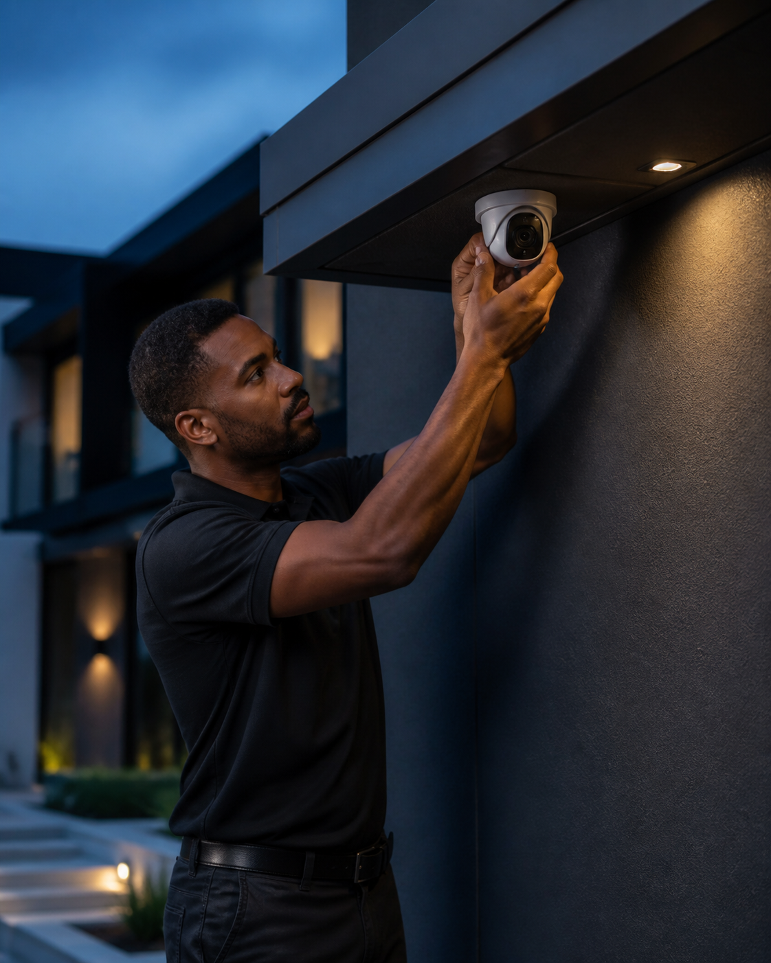 Technician installing a surveillance camera